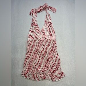 Uno Core Polka Dot Halter Top Smocked Ruffle Blouse Red White Women’s Large